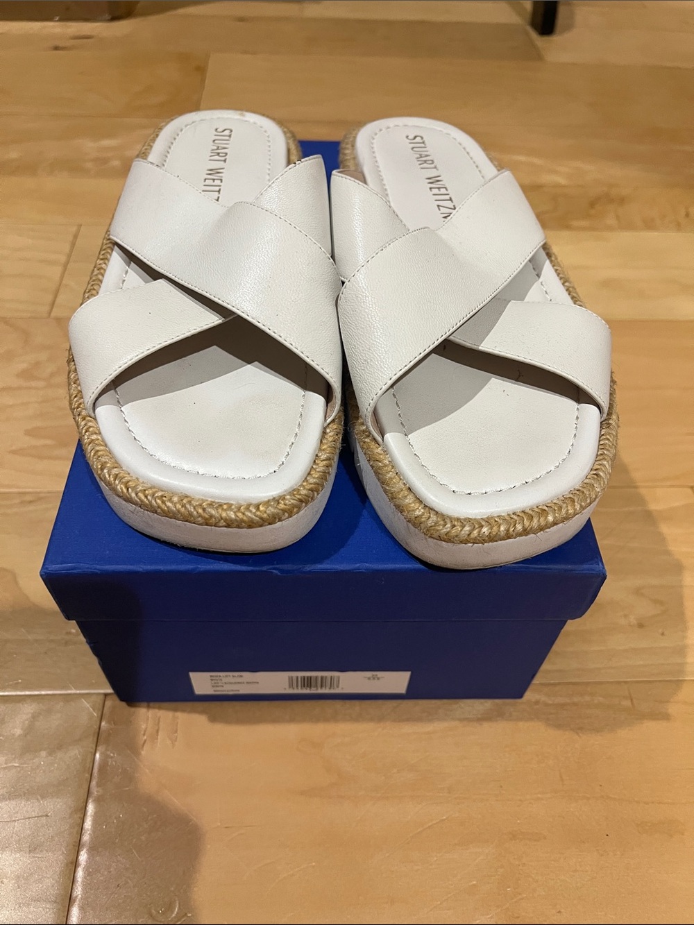 Stuart Weitzman White Crisscross Espadrille Platform Sandals